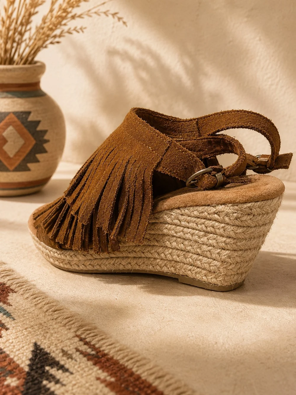 Minnetonka Brown Suede Fringe Espadrille Wedge Slingback Sandals Women's Sz 9